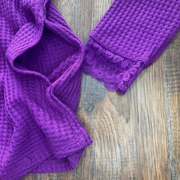 LOGO Lori Goldstein SMALL sparkling grape long sleeve blouse lace waffle knit - Picture 7 of 13